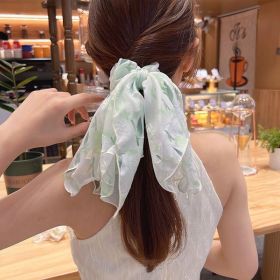 Tulip Embroidered Scrunchie With Hair Rope and Women's Rubber Band - Green