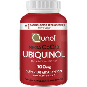 Qunol Mega Ubiquinol CoQ10 Softgels (60 Count) with Superior Absorption, Antioxidant for Heart Health, Active Form of Coenzyme Q10, 100mg Supplement -