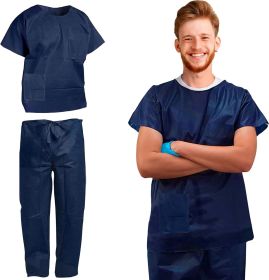 Disposable Scrubs Top and Bottom X-Large. 55 GSM Polypropylene Shirts and Pants. 5 Sets of Medical Scrub Top and Pants; Dark Blue Pants with Tie; Pock