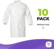 White Static Dissipative Lab Coats. Pack of 10 Barrier Large Medical Frocks. 60 GSM Blend of Polyethylene and Polypropylene Fabric Disposable Gowns wi