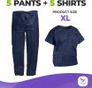 Disposable Scrubs Top and Bottom X-Large. 55 GSM Polypropylene Shirts and Pants. 5 Sets of Medical Scrub Top and Pants; Dark Blue Pants with Tie; Pock