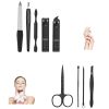 9pcs/set Portable Nail Clipper Cutter File Cuticle Pusher Tools Set For Manicure Pedicure - Black